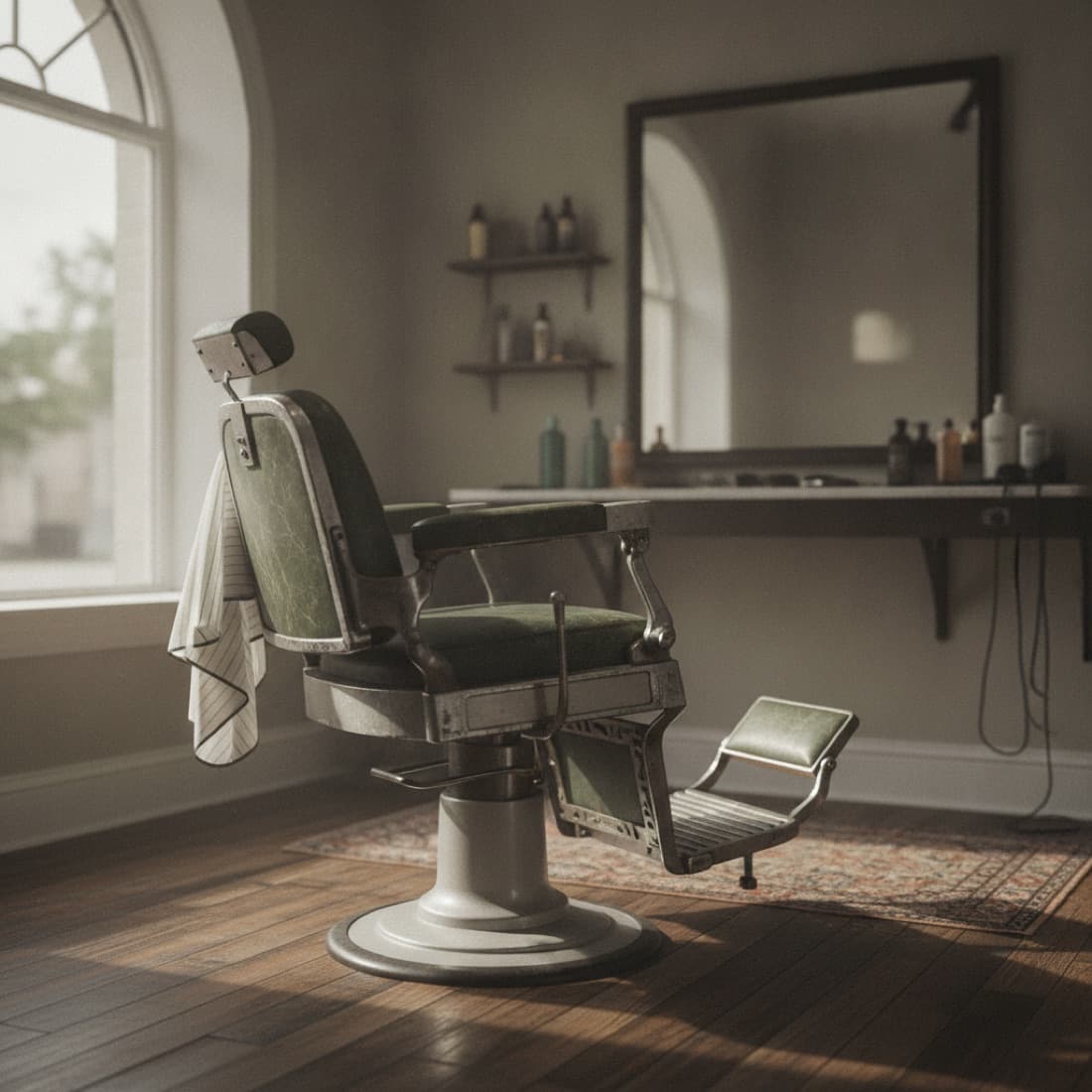 An empty barber's chair beside a window.