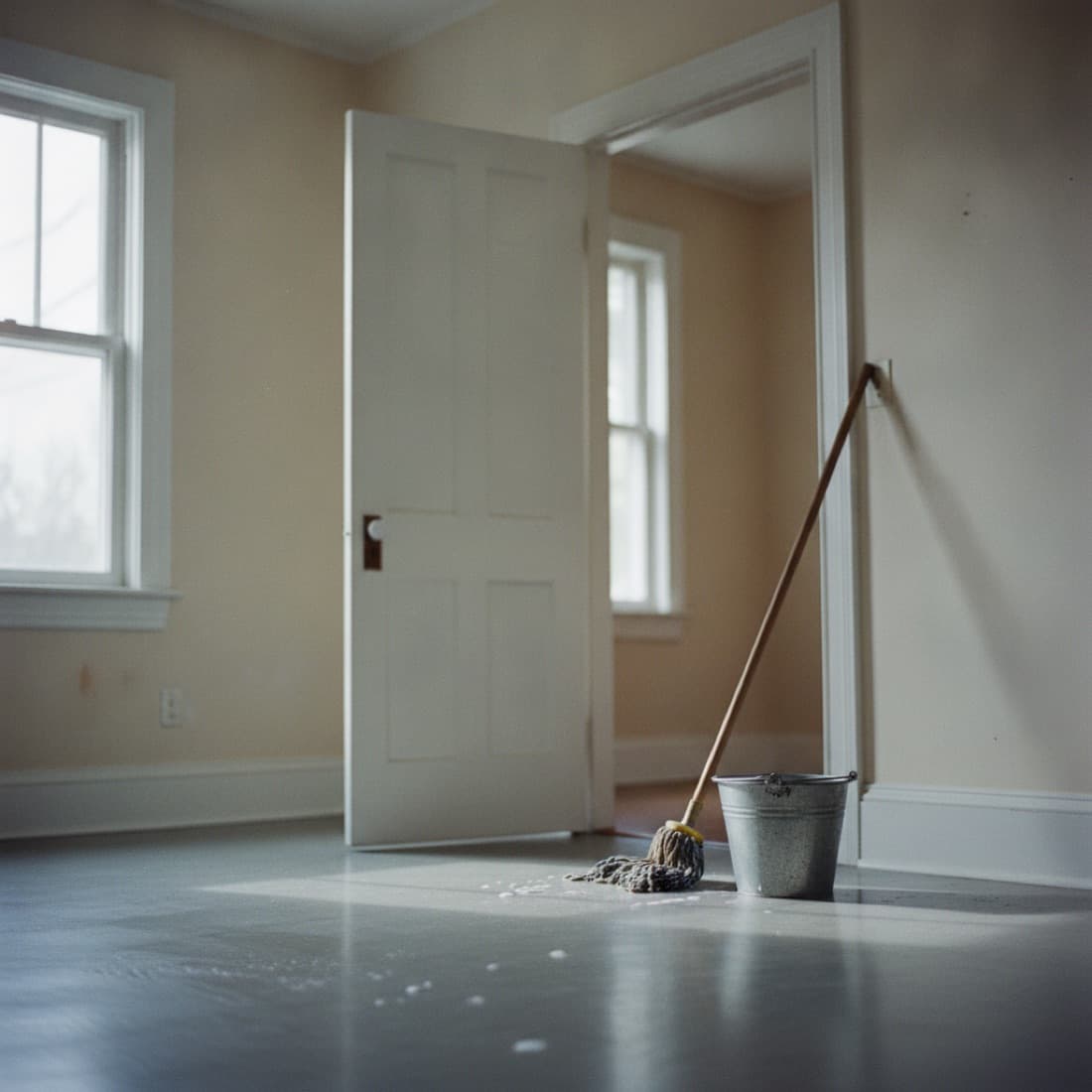 A finished room with a mop resting by the door.