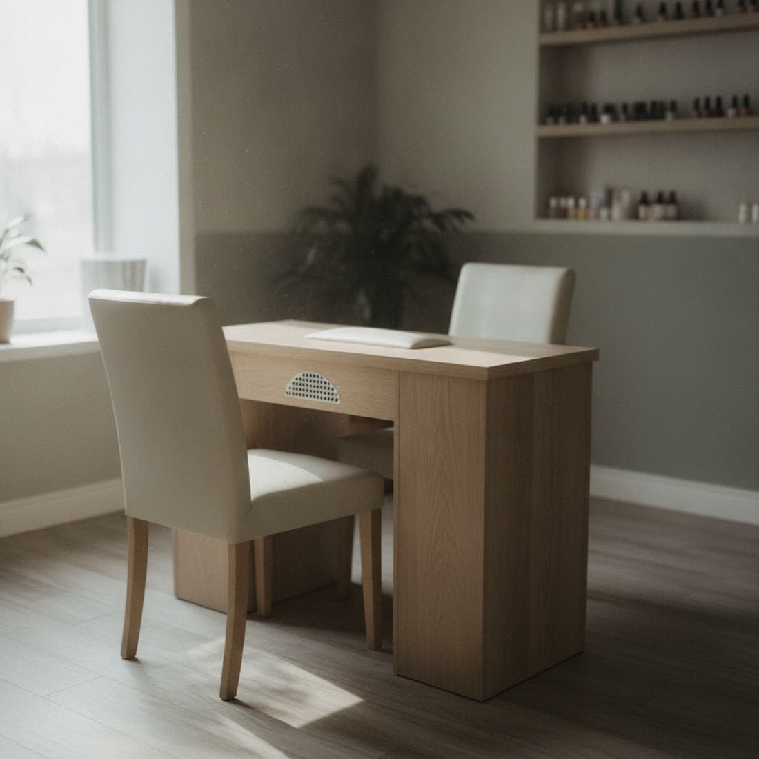 An empty manicure table with two facing chairs.